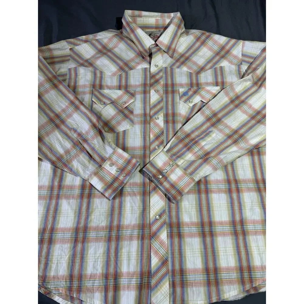 Wrangler American Cowboy‎ Pearl Snap Shirt Mens 3XL Yellow Plaid Western